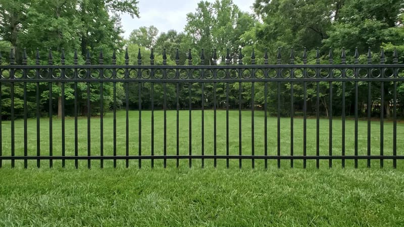 Black wrought-iron fence with decorative finials in front of an upscale brick home