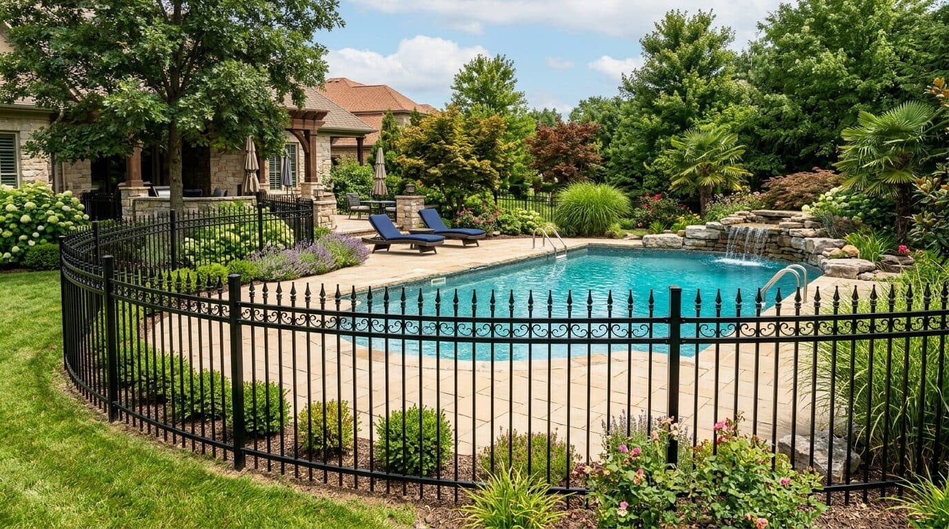 Black ornamental aluminum fence with decorative posts around a landscaped backyard and pool