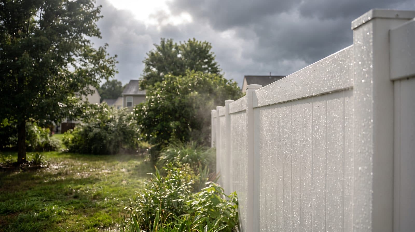 White vinyl privacy fence wet with rain as the sun breaks through storm clouds over a North Carolina backyard