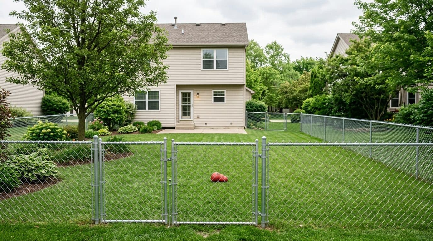 Galvanized chain-link fence with a walk gate enclosing a tidy suburban backyard with a dog toy on the lawn