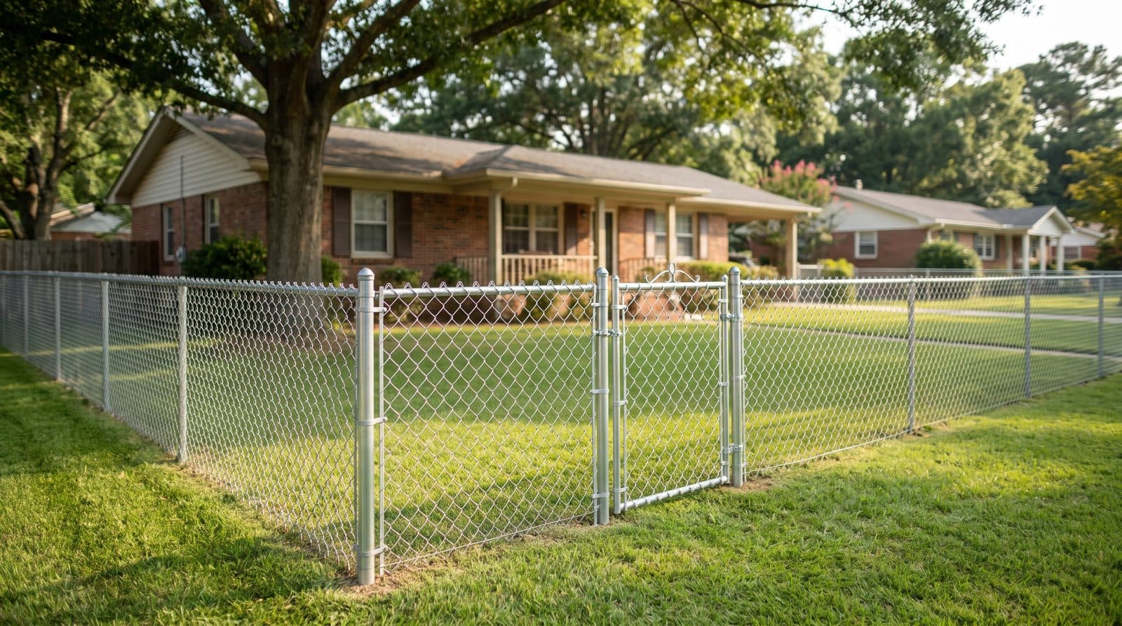 Galvanized chain-link fence enclosing a tidy suburban yard in bright daylight