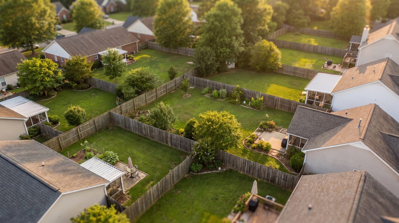 Aerial view of a suburban neighborhood with fenced backyards of different sizes