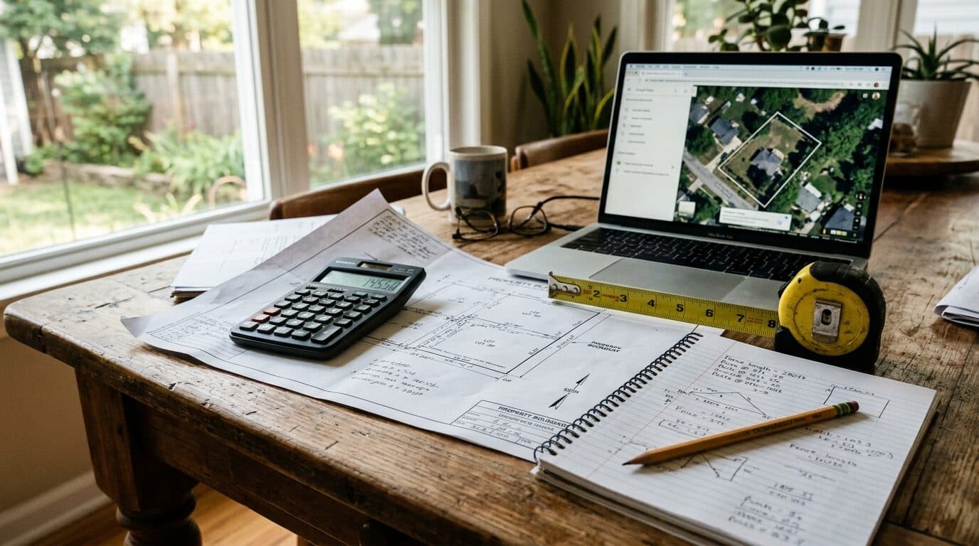 Homeowner reviewing a fence quote at a kitchen table with a plat map and tape measure beside a laptop