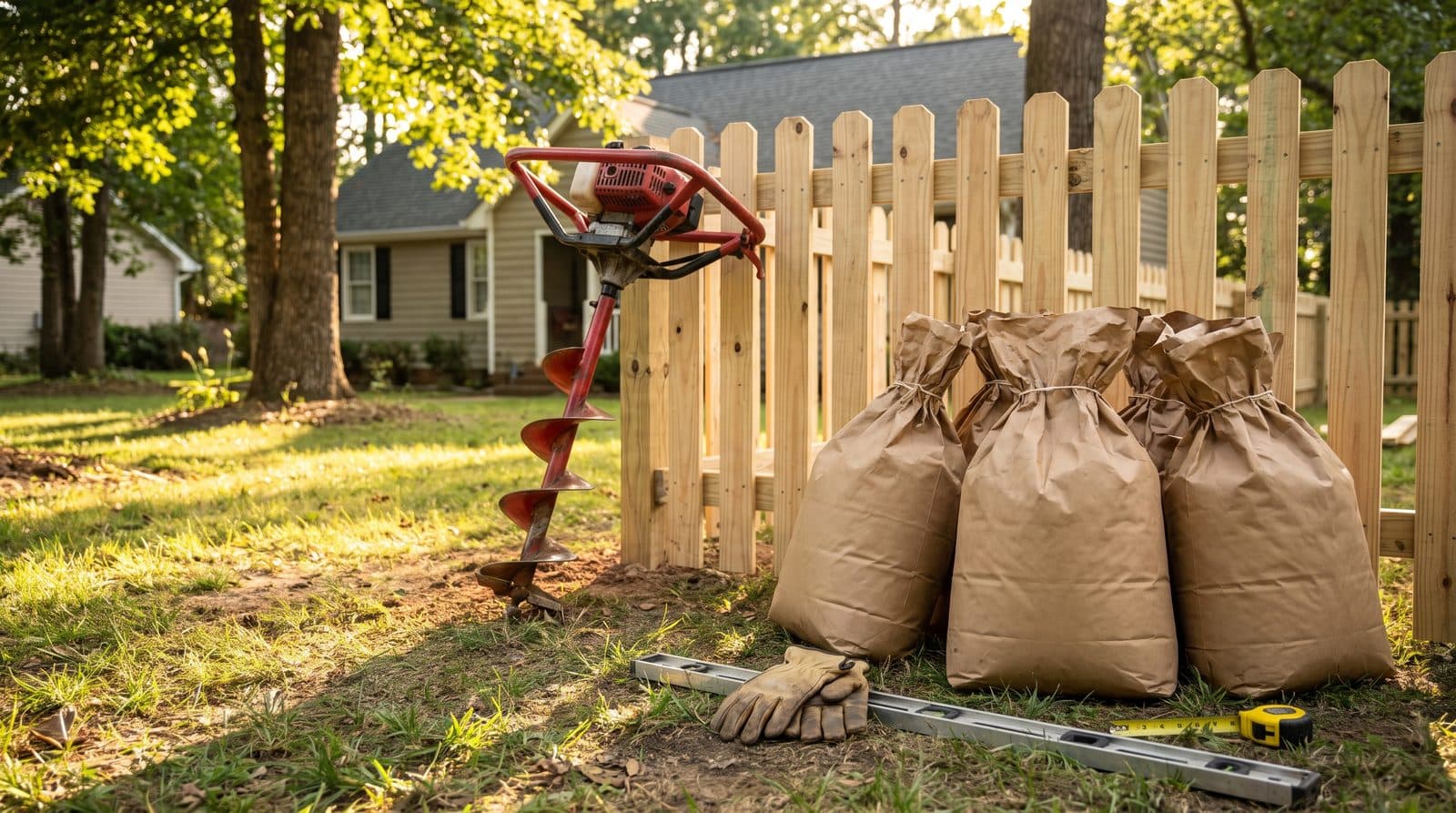 Post hole auger, concrete mix bags, level, and work gloves on a lawn beside a partially built wooden fence