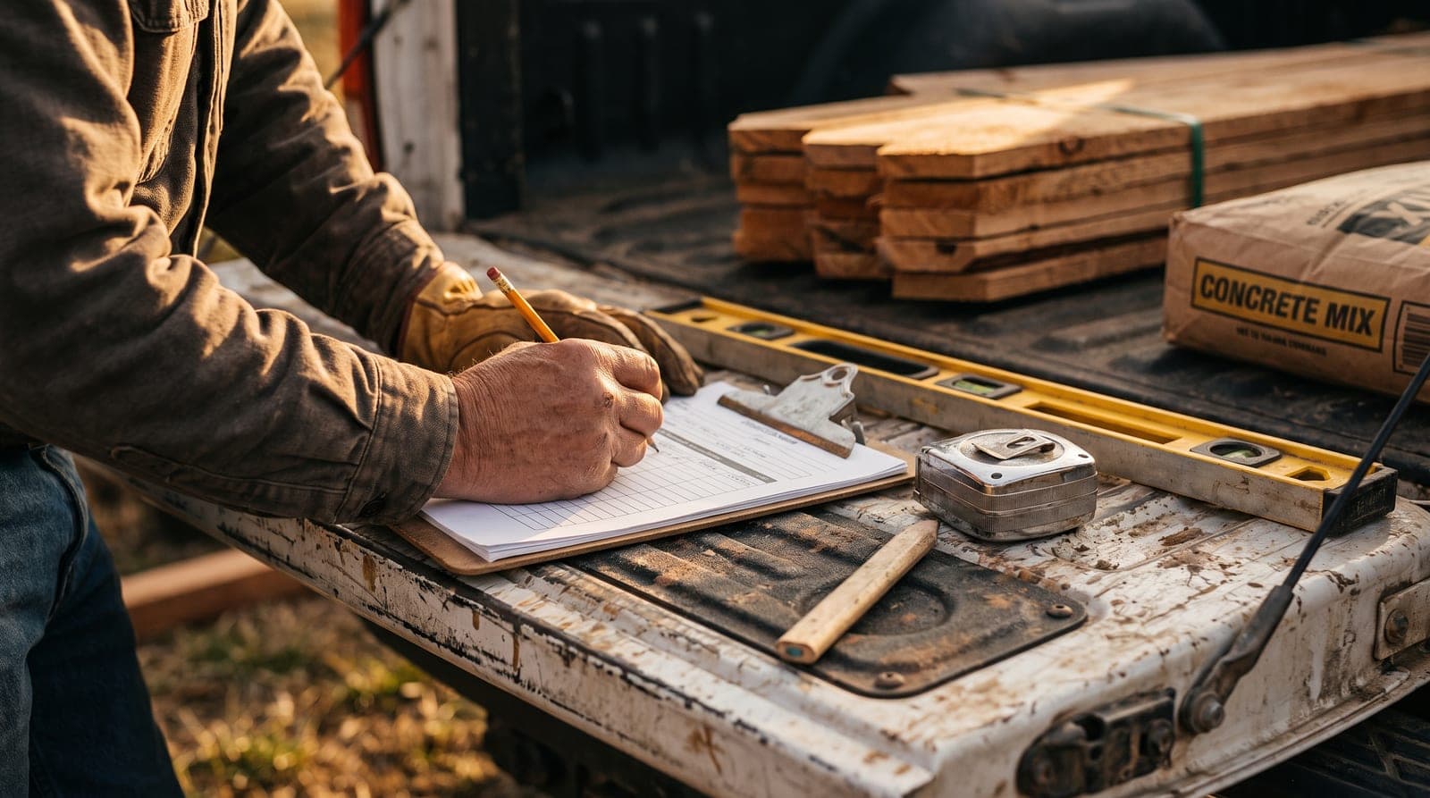 Fence contractor filling in a printed estimate on a clipboard on a truck tailgate, tape measure and post level beside it