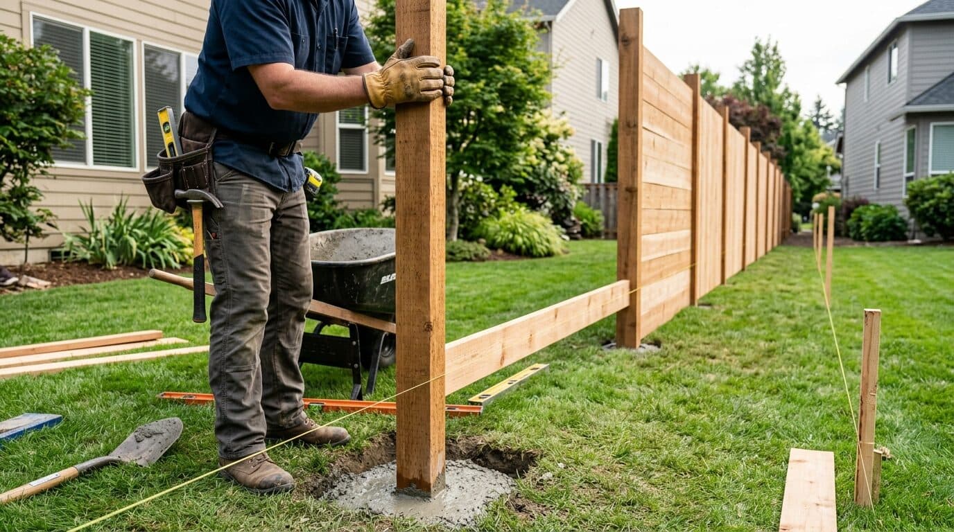 Contractor setting a wooden fence post in concrete along a staked property line in a suburban backyard