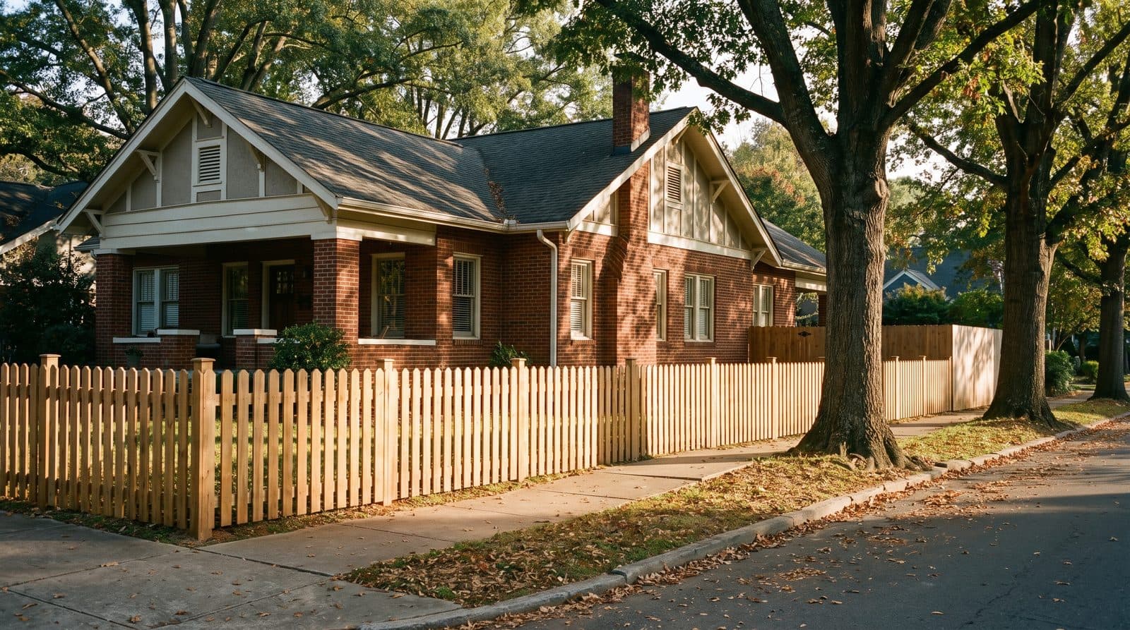 Four-foot wooden picket fence along the front yard of a brick house on a Charlotte street corner