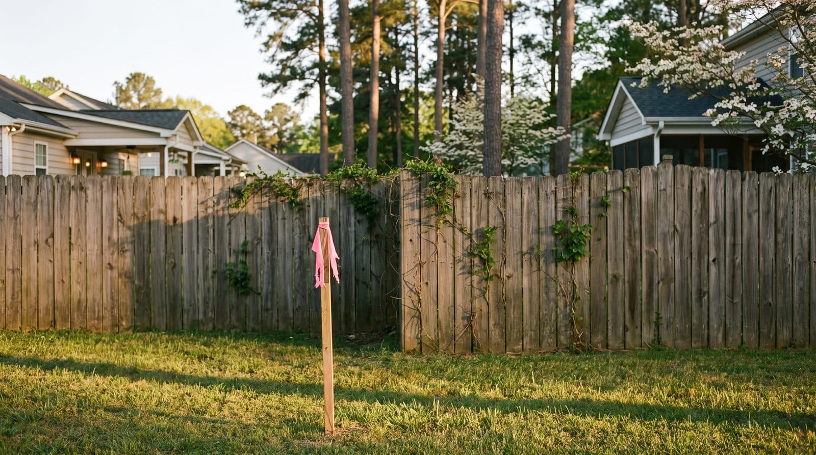Wooden privacy fence between two suburban backyards with a surveyor's stake and pink marking flag in the foreground