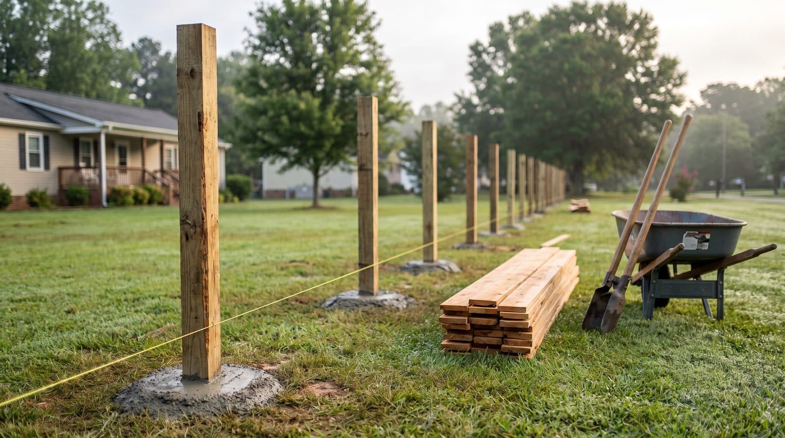 Wooden fence mid-installation with posts set in concrete, a string line, and stacked cedar pickets on the grass