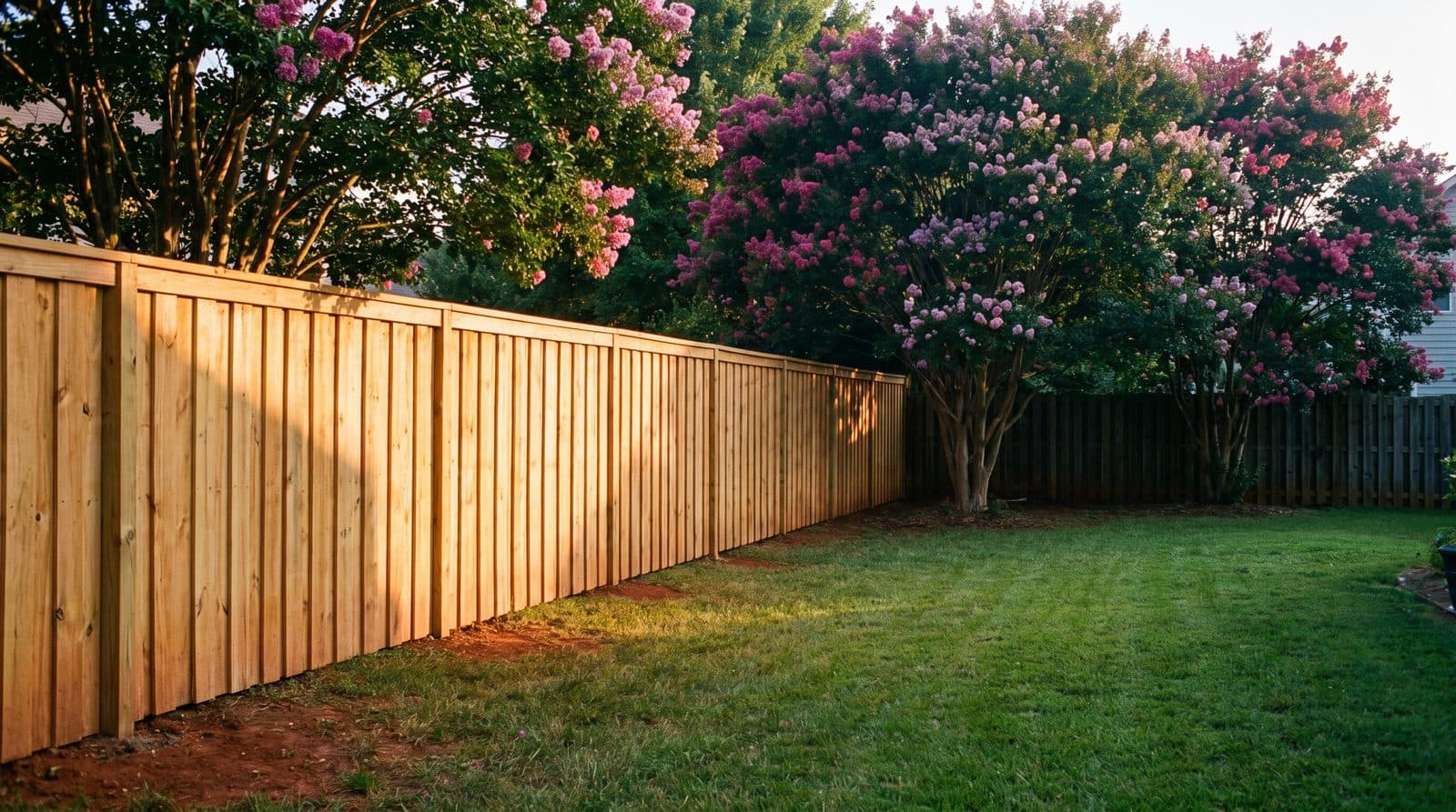 New cedar privacy fence along a green Charlotte backyard with blooming crepe myrtles at golden hour