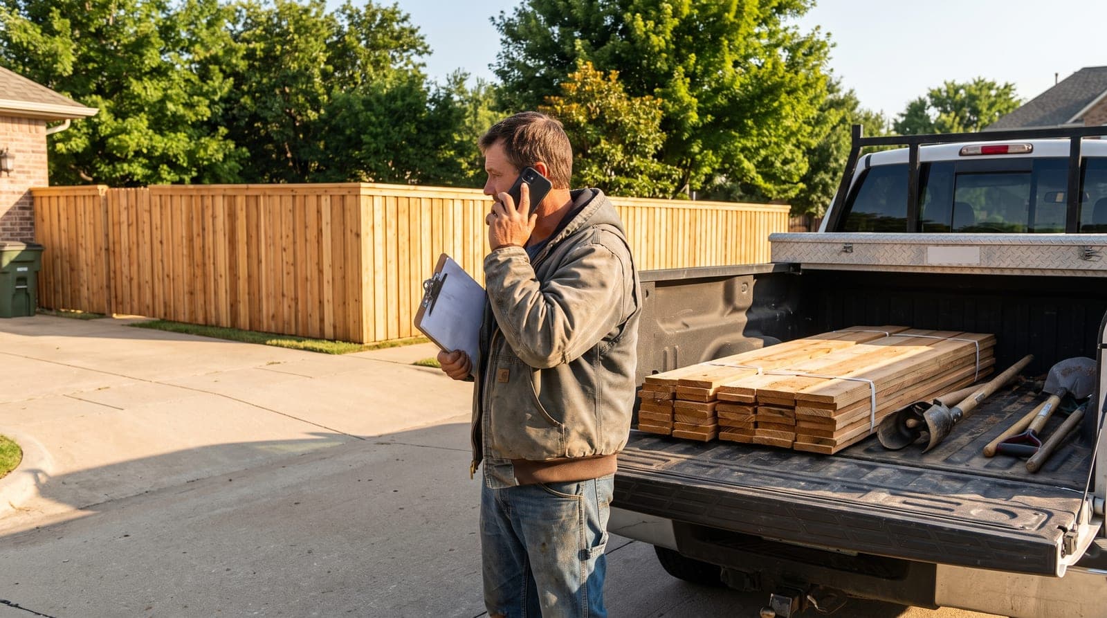 Fence contractor on a phone call beside a work truck loaded with cedar pickets in a suburban driveway