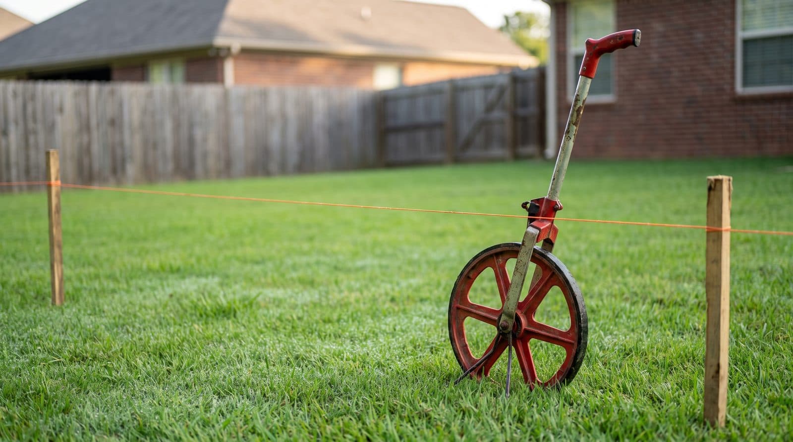 Measuring wheel on a lawn beside a string line and wooden stakes marking a future fence line