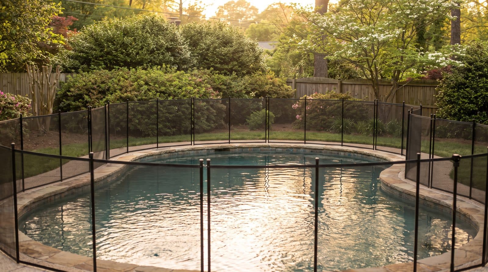 Removable black mesh child-safety pool fence around a kidney-shaped residential pool at golden hour