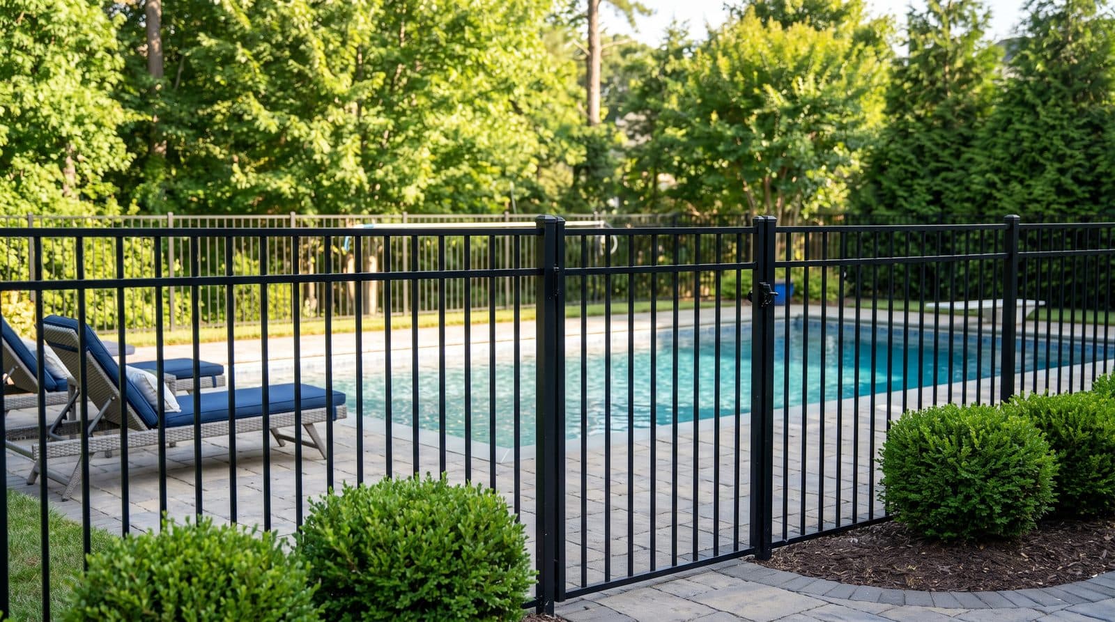 Black ornamental aluminum pool fence with a self-latching gate around a residential backyard swimming pool