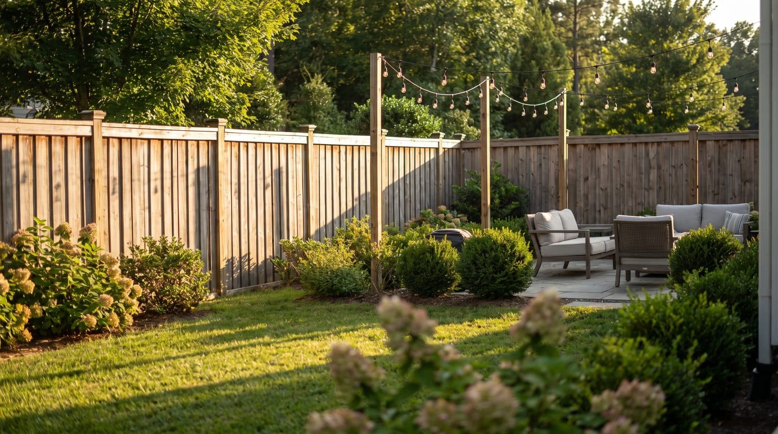 Tall six-foot cedar board-on-board privacy fence enclosing a backyard patio in late afternoon sun