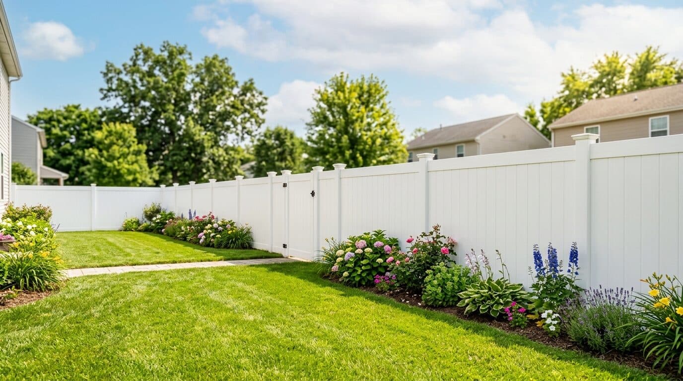 Clean white vinyl privacy fence with a matching gate along a sunny suburban backyard lawn
