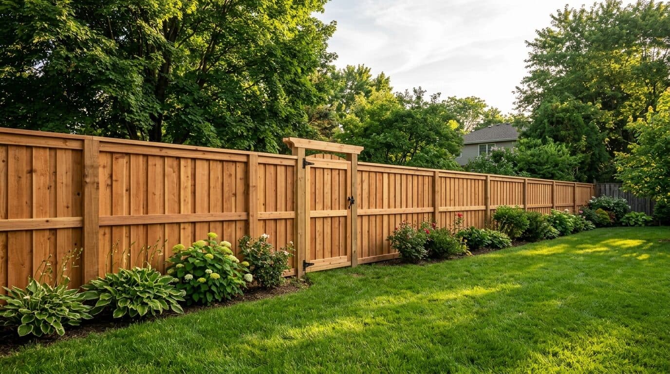 New cedar board-on-board privacy fence along a green backyard with a matching wood gate