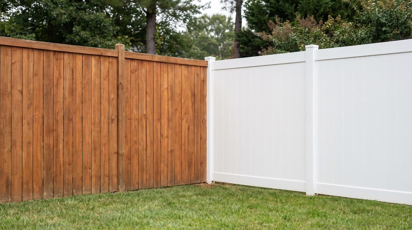Cedar wood privacy fence meeting a white vinyl privacy fence at a backyard corner, side by side