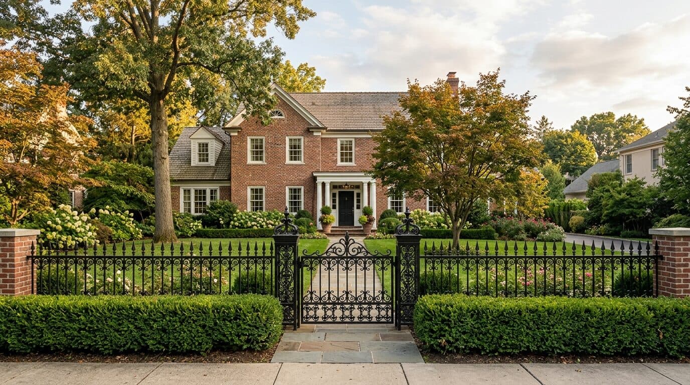 Black ornamental wrought-iron fence with decorative finials along the front garden of a brick home